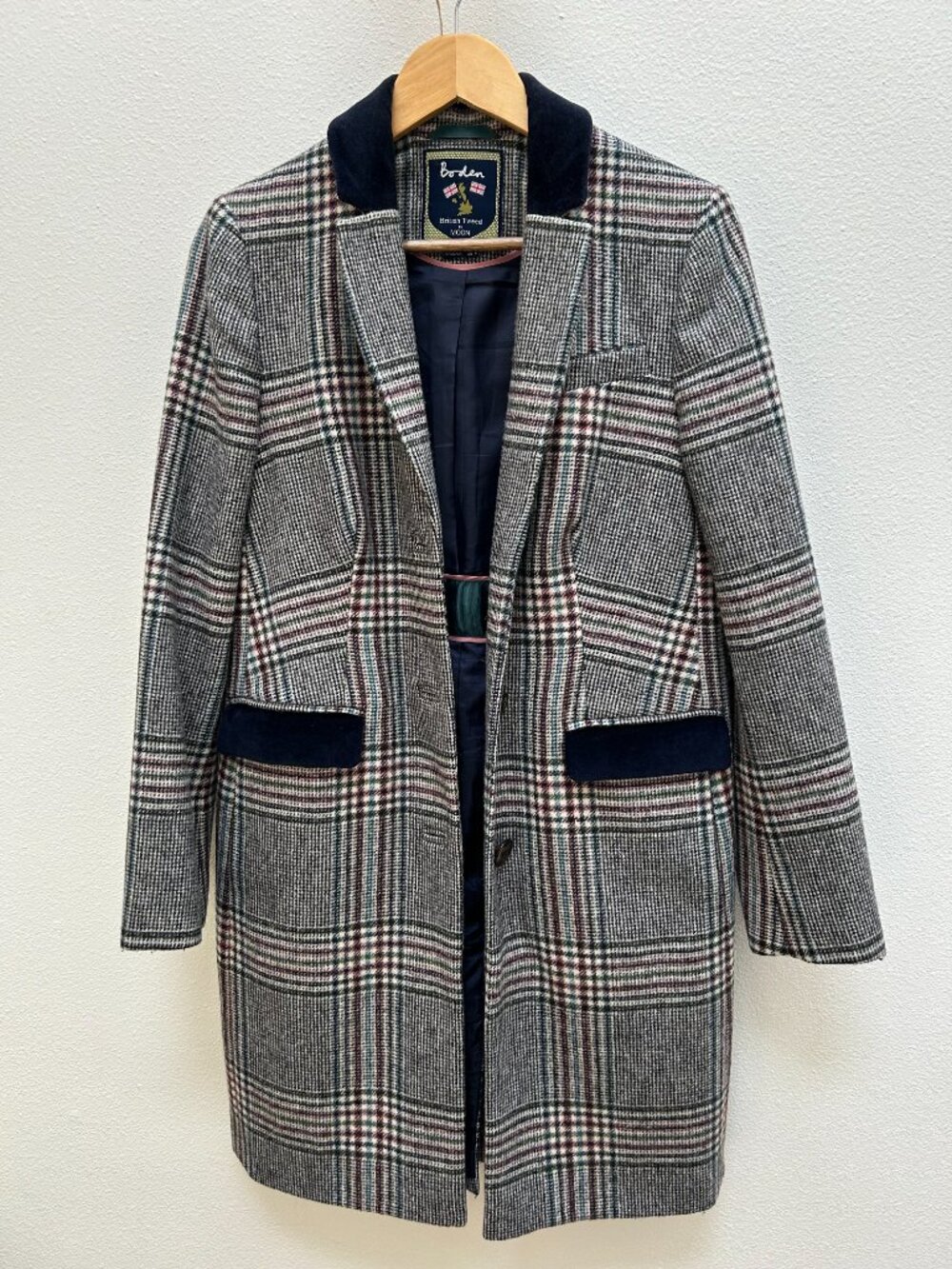 Boden British Tweed by Moon Wool Plaid Coat Velvet Trim